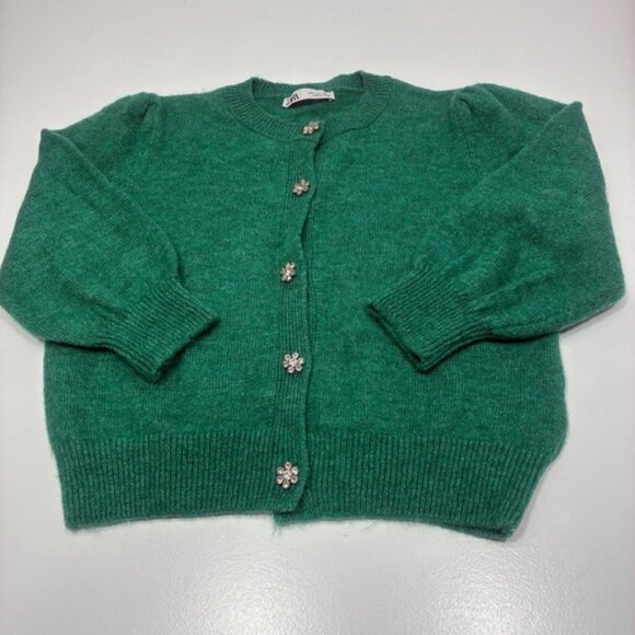 Zara Cardigan Women Size L Green Button Down Embellished Button Long Sleeves - Picture 1 of 13